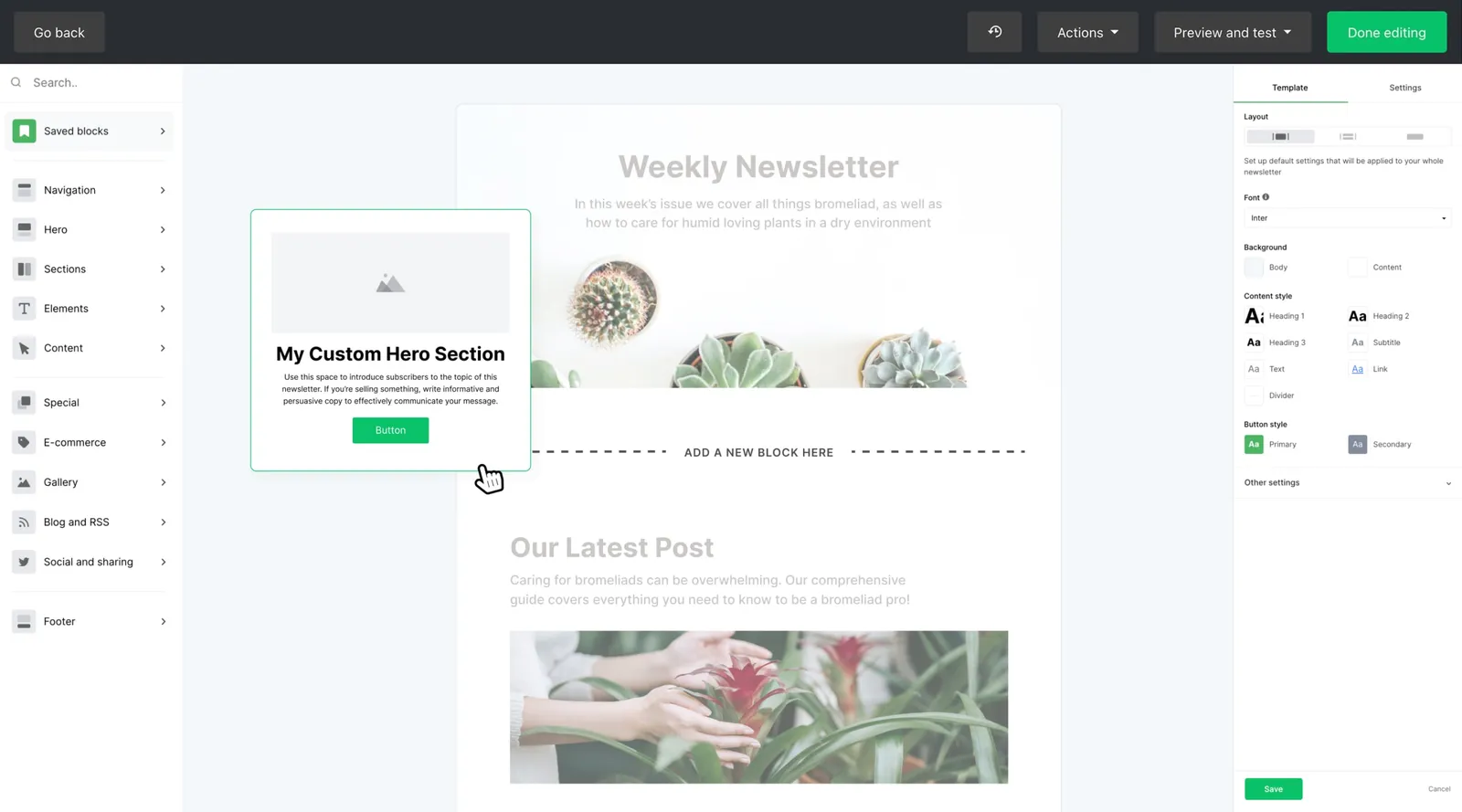 MailerLite drag-and-drop email builder editing a newsletter layout