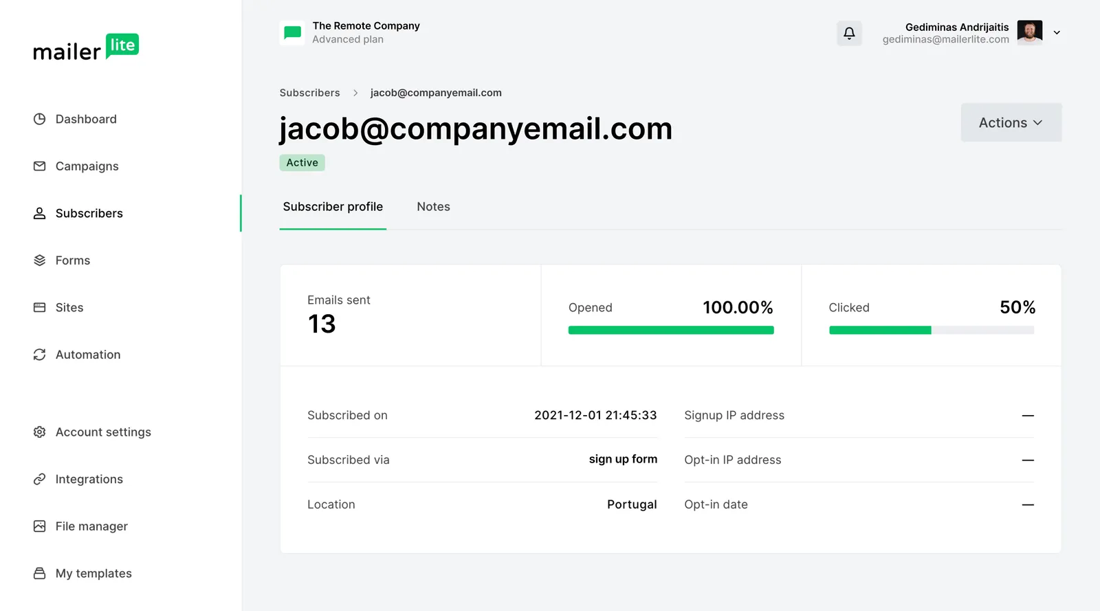 MailerLite subscriber profile with email activity and signup details