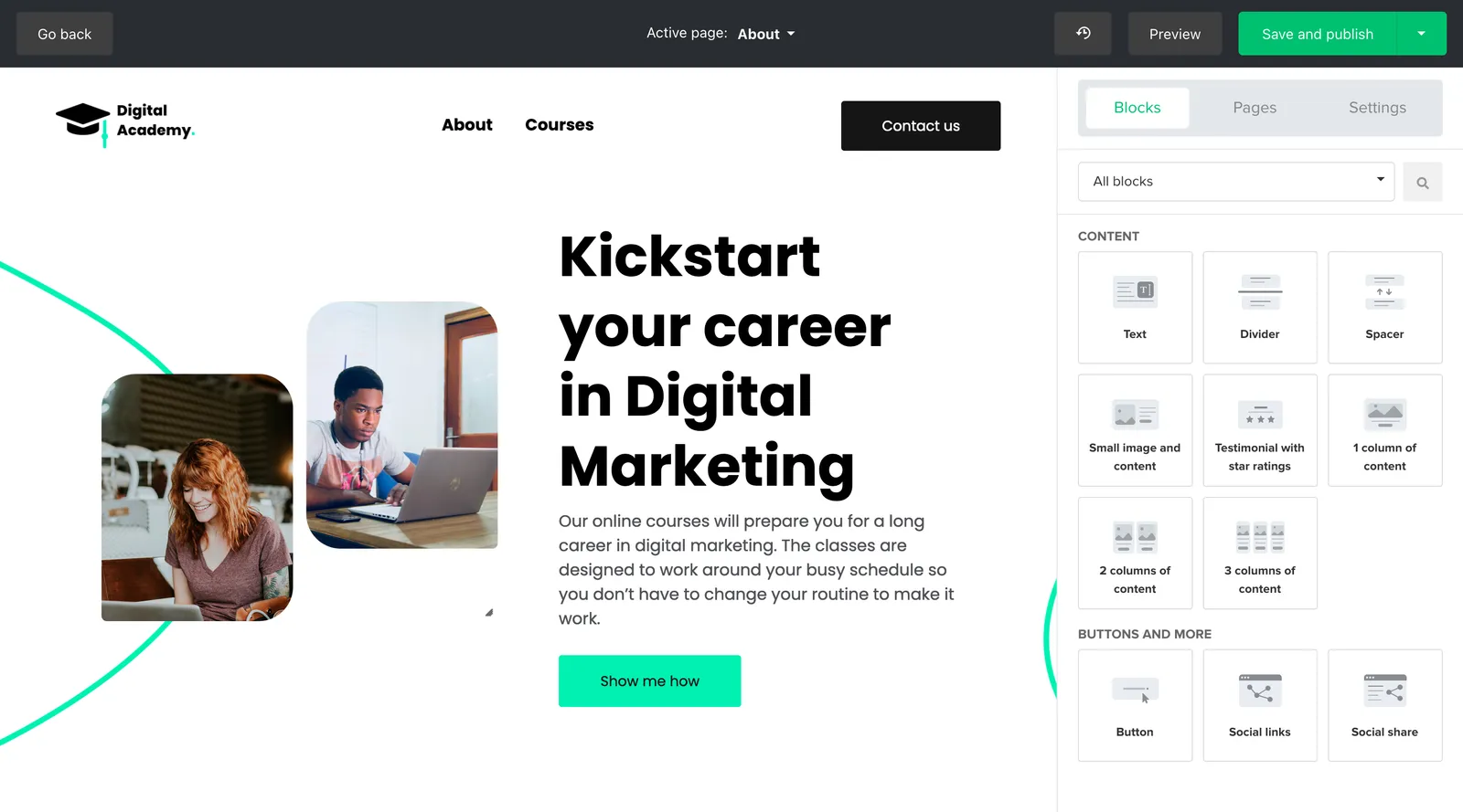 MailerLite website builder editing a course landing page